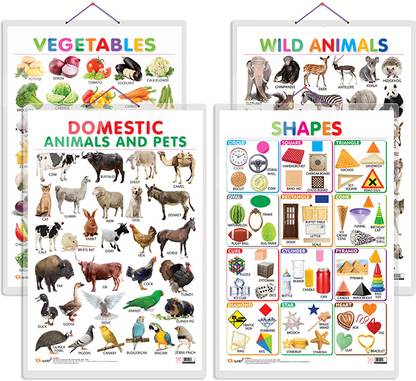 GO WOO Pack of 4 Vegetables, Domestic Animals and Pets, Wild Animals and Shape Charts