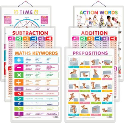 Set of 6 Action Words, TIME, SUBTRACTION, ADDITION, MATHS KEYWORDS and PREPOSITIONS Early Learning Educational Charts for Kids | 20"X30" inch |Non-Tearable and Waterproof | Double Sided Laminated | Perfect for Homeschooling, Kindergarten and Nursery Students Paper Print