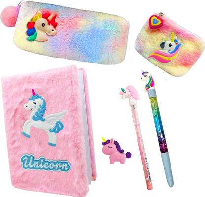 NSR Group Unicorn Collection-6pcs Diary/Pouch/Coin Pouch/Gel Pen/Pencil/eraser for kids