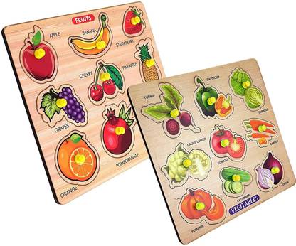 SHALAFI Combo Wooden Fruits & Vegetables Name Matching Peg Puzzle Board Learning Toys