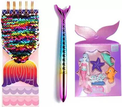 Rockjon Gift Set For Kids Mermaid Diary / Mermaid Eraser Set/ Mermaid Pen Set Gift Set