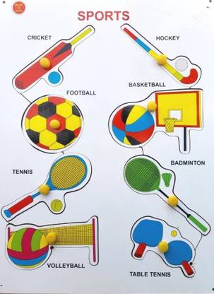 MECDOIT INTERNATIONAL Wooden Educational Puzzle|Sports Item Name with Image|8 Pices Board