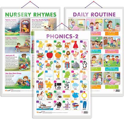 GO WOO Pack of 3 DAILY ROUTINE, NURSERY RHYMES and PHONICS - 2 charts ...