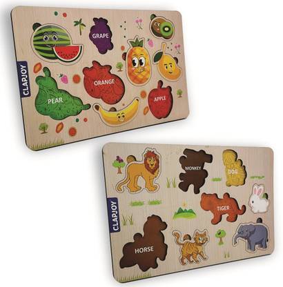Clapjoy Interactive Wooden Fruit & Animal Puzzle game for Kids (Ages 2-5 years)