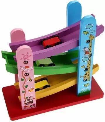 NIYAMAT Wooden Car Ramps Race - 3 Level Toy Car Ramp Race Track Includes 3 Wooden Toy