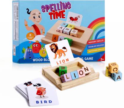 333MART Spelling Time Wooden Alphabet Blocks with 26 Front & Back Flashcards, for Kids