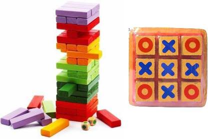 SARASI Color Wooden Tumbling Tower With Tic Tac Toe[Multicolor, Pack Of: 2]