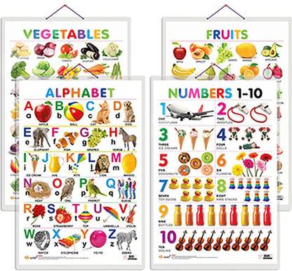 GO WOO Pack of 4 Alphabet, Fruits, Vegetables and Numbers 1-10 charts