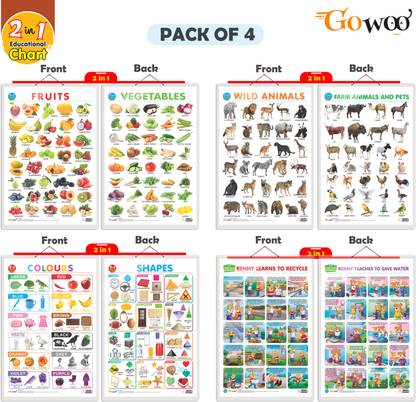 Set of 4 | 2 IN 1 COLOURS AND SHAPES, 2 IN 1 FRUITS AND VEGETABLES, 2 IN 1 WILD AND FARM ANIMALS & PETS and 2 IN 1 BENNY LEARNS TO RECYCLE AND BENNY TEACHES TO SAVE WATER Early Learning Educational Charts for Kids | 20"X30" inch |Non-Tearable and Waterproof | Double Sided Laminated | Perfect for Homeschooling, Kindergarten and Nursery Students Paper Print
