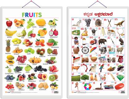 GO WOO Pack of 2 Fruits and Kannada Alphabet Educational charts with Lamination