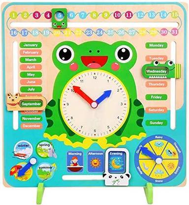 Pepstter Time and Seasons Frog Game Educational Wooden Clock Toy Calendar Board for Kids