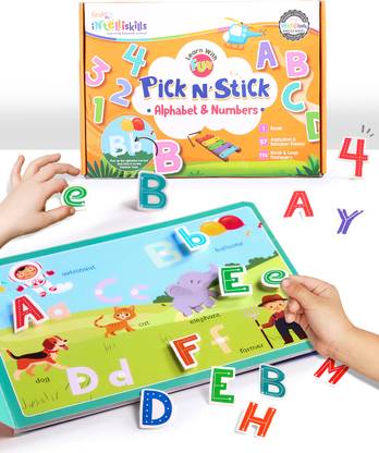 इंटेलीस्किल्स Pick N' Stick Alphabet & Numbers Montessori Activity Book with Reusable Stickers