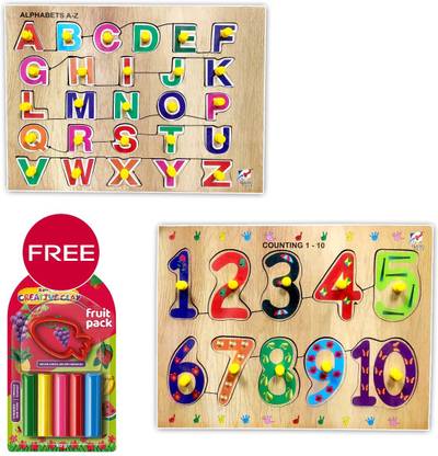 dp tools English Alphabet with 0-10 Numbers Wooden Puzzle with Knob & Get Free Clay Pack