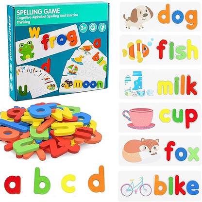 WISHKEY Wooden Spelling Game, Word Making Game with Flash Cards and Alphabets for Kids