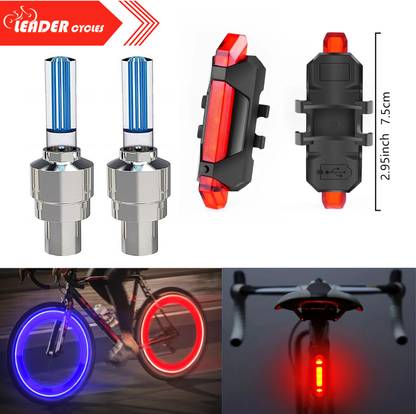 लीडर Chargeable Bicycle LED Tail Light and Valve Lights LED Rear Light Combo LED व्हील रिफ्लेक्टर