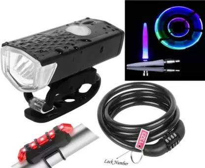 rebel COMBO Bicycle Front Light,Back Tail Light,Tyre Valve Light And Wire Number Lock LED Front Rear Light Combo