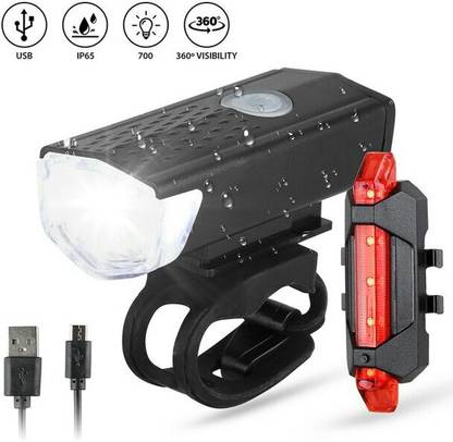 DSTECHBAR Cycle Headlight with Taillight USB Rechargeable Light Bicycle light Set Combo LED Front Rear Light Combo