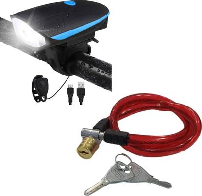UMT Bicycle LED Light & Lock Combo – Rechargeable Horn Light + Wire Lock LED Front Light