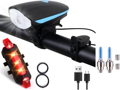 Afpin pack of 3 Rechargeable cycle Horn And Light 140 DB with tail Light,tyre light LED Front Rear Light Combo