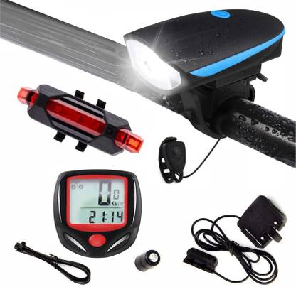 DSTECHBAR Bicycle Headlight and Horn, Red Taillight, Speedometer Odometer (Combo) LED Front Rear Light Combo