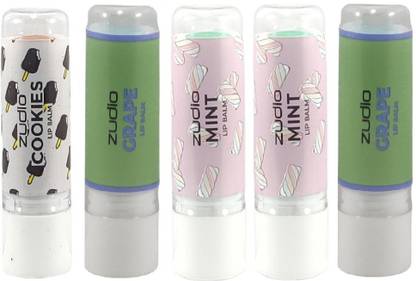 zudio COOKIES-1,GRAPE-2,MINT-2 LIP BALM PACK OF 5 LPO MINT