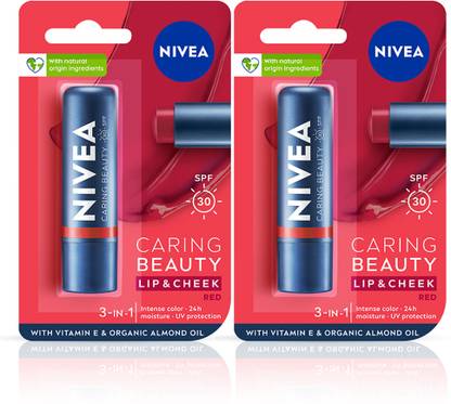 NIVEA Lip Caring Beauty Red Lip Balm, Lip & Cheek Tint with SPF 30 (Pack of 2, 9.6 g) Red