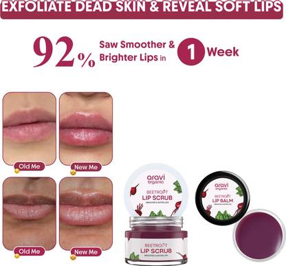 Aravi Organic Beetroot Lip Scrub & Lip Balm For Brightening Dark Lips,Chapped & Pigmented Lips Beetroot Lip Care Combo Kit