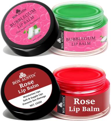 Bon Austin Bubble Gum & Rose Extract Lip Balms for Lip Care - Combo of 2 (Each, 15gms)