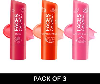FACES CANADA Lip Balm Combo of 3 | Orange Mint + Watermelon + Rose Petal