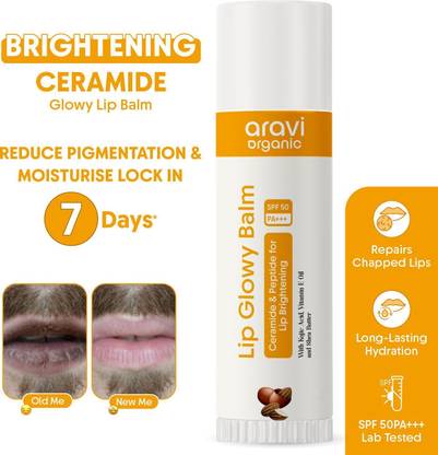 Aravi Organic Lip Glowy Balm With SPF 50 PA+++ - Kojic Acid & Ceramide - For Lip Brightening Untinted