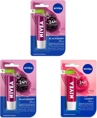 NIVEA Lip Balm 4.8g - Blackberry Shine -2pcs & Cherry Shine (Pack of 3) Blackberry, Cherry