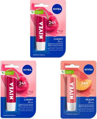 NIVEA Lip Balm 4.8g - Cherry Shine -2pcs & Peach Shine (Pack of 3) Cherry, Peach