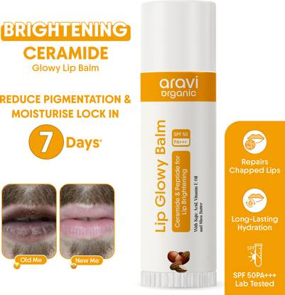 Aravi Organic Lip Glowy Balm With SPF 50 PA+++ - Kojic Acid & Ceramide - For Lip Brightening Untinted