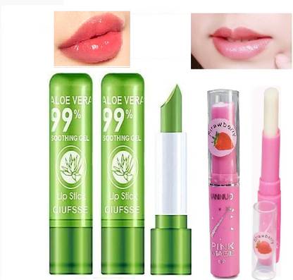 Pretty Hud ALOEVERA COLOUR CHANGE LIPBALM WITH pinkmagic strawberry lipbalm (PACK OF 4) ALOEVERA, strawberry