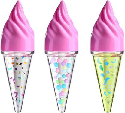 HSQ Ice Cream Cone Lip Gloss – Sparkling Glitter Clear Lip Shine (pack of 3) pink