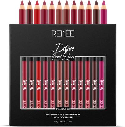 Renee Ultra Define Matte Lip Liner, Long Lasting, Full Coverage - Set of 12