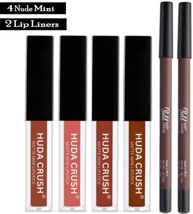 HUDA CRUSH BEAUTY 4 Liquid Matte Lipstick Set, Nude Edition with 2 Premium Lip Liner