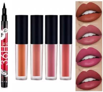 Marie Huda Water Proof Liquid Matte Beauty Nude Lipstick 4 Pcs + Sketch EyeLiner Black