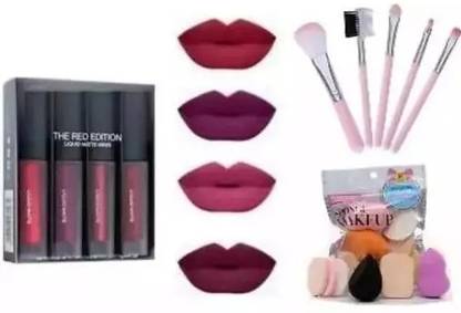 LORSHEL The Red Edition Matte Mini Liquid Lipstick 4 & PUFF PACKET & 5 PC BRUSH SET