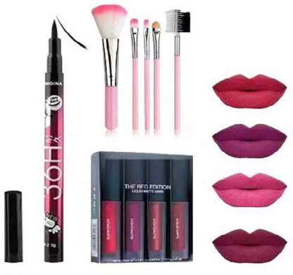 glamblush RED EDITION LIPSTICK & 5 PCS PINK MAKEUP BRUSHES & BLACK EYELINER PENCIL