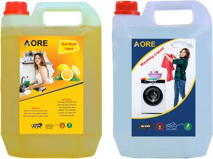 AORE Washing machine liquid detergent white + Dish Cleaning Gel yellow (5+5 ltr) Multi-Fragrance Liquid Detergent