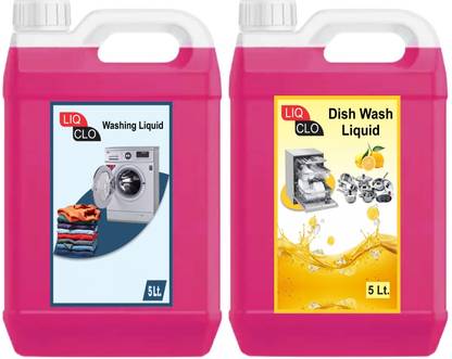liqclo Washing Machine Liquid Detergent (Pink) + Dish Cleaning Gel (Pink) 5+5 Ltr Multi-Fragrance Liquid Detergent