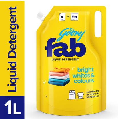 Godrej Fab Liquid Detergent Refill Pouch for Machine & Hand Wash - 1L Fresh Liquid Detergent