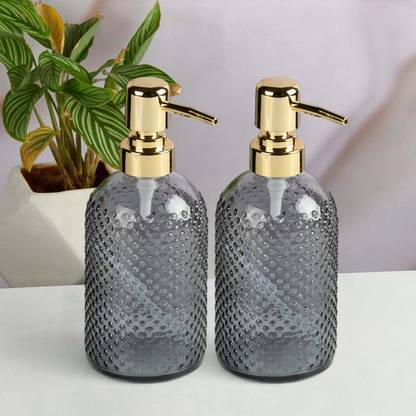 Kookee Glass Soap Dispenser for handwash for Bathroom, Grey (Set of 2) (12126) 400 ml Lotion, Shampoo, Soap, Foam Dispenser