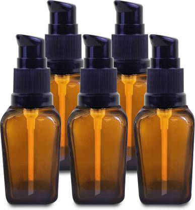 IBORA Empty Refillable Square Amber Glass Cream Lotion Pump Bottles IPack Of_5 20 ml Conditioner, Foam, Gel, Liquid, Lotion, Sanitizer Stand, Shampoo Dispenser