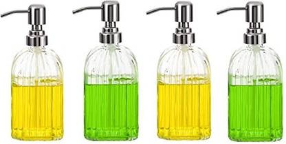 STUNNER ENTERPRISE Clear Glass Square Vertical Stripe Design Refillable Soap Dispenser for Bathroom 400 ml Liquid Dispenser