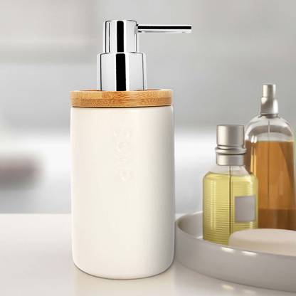 anko Ceramic & Bamboo Dispenser for Bathroom Soap, Lotion, Shampoo-17.5(H)x7.2cm (W) 320 ml Soap Dispenser