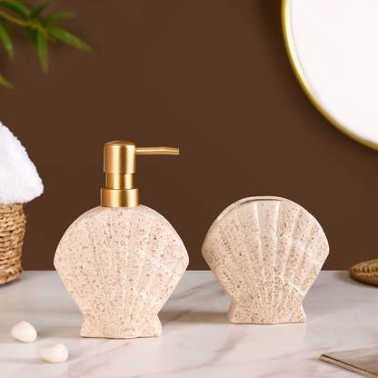 Nestasia Beach Shell Ceramic Bath Set of 2 Cream Beige 200 ml Liquid Dispenser