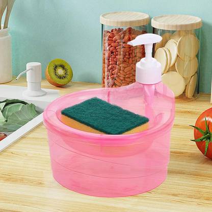 Deep Liquid Soap Dispenser with Sponge Holder – Compact Liquid Dispenser (Pink) 500 ml Liquid Dispenser