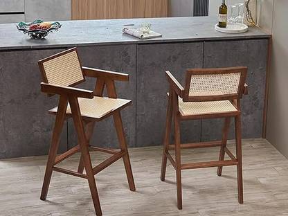 FURNEEZY Wesley Rattan Bar Stools(Set of Two) – Walnut Finidh for Living Room and BarRoom Solid Wood Cafeteria Chair